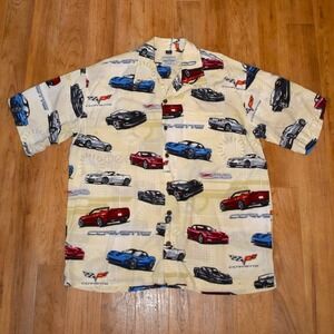 David Carey Corvette Shirt Mens XL Cream Excellent Z06 All Over Print Rayon